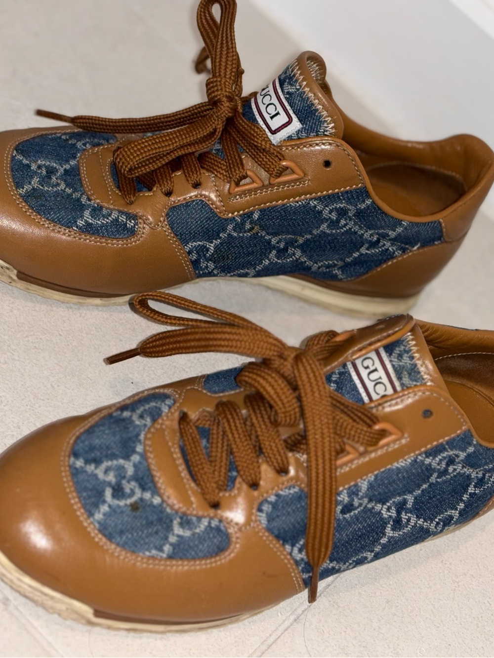 Gucci Brown Leather & Blue Denim GG Men's Sneakers